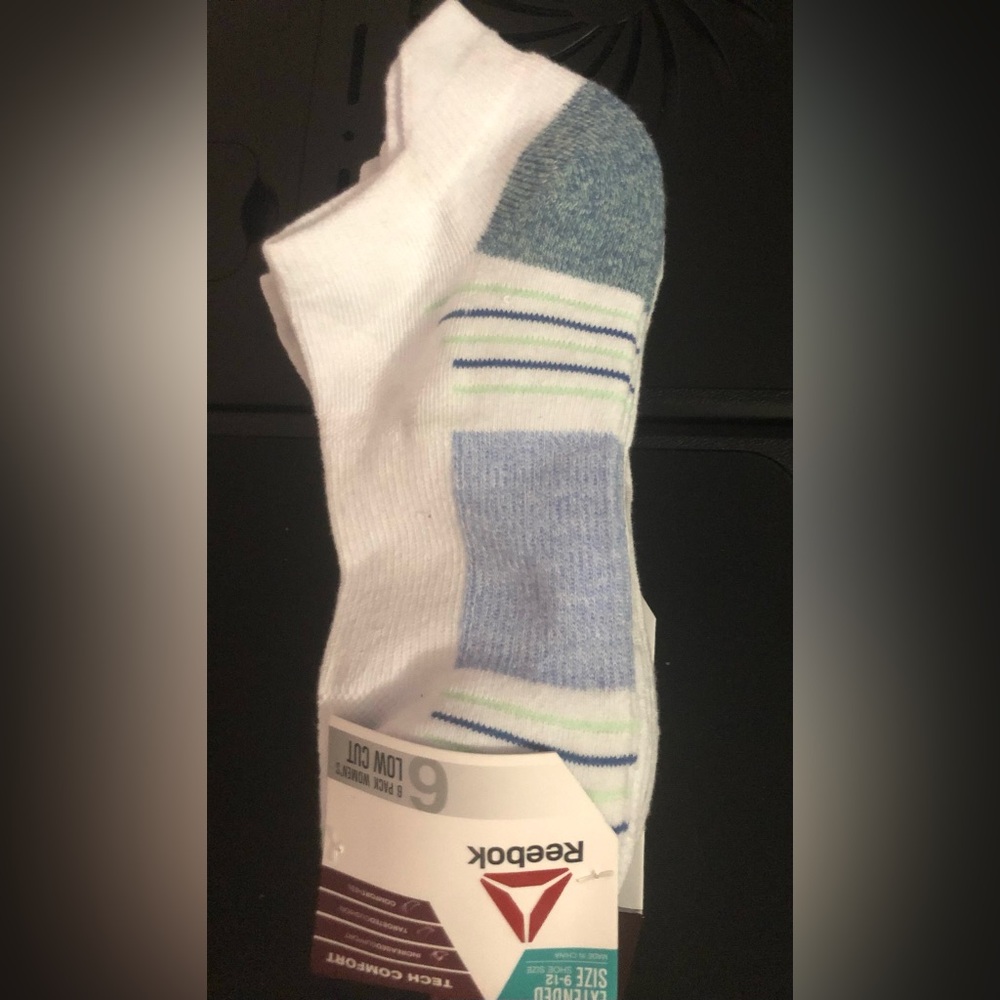 Extended sizes Reebok White Athletic Crew Socks with Blue & Green Accents